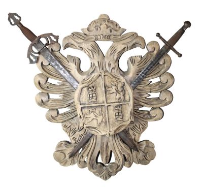 Spanish carved wooden coat of arms with eagles and crossed swords. Spanish carved wood coat of 