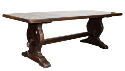 French trestle base farmhouse table in oak. 29"h x 86 5/8"l x 35"w