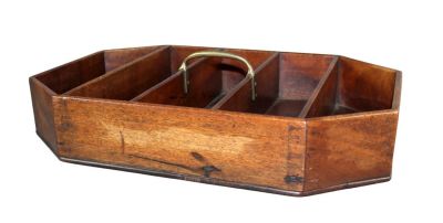 Antique English walnut cutlery tray with handle. Early 20th century. 5"h x 21"w x 14"d