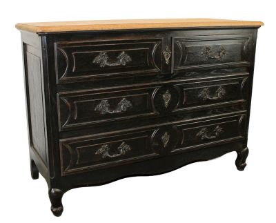 French Louis XV style 4 drawer commode with natural top. Black painted LXV style commode with 