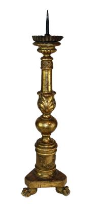 Antique Italian gilt wood pillar candle pricket with paw feet. 19th century. 25"h x 6"w x 5 1/4"d