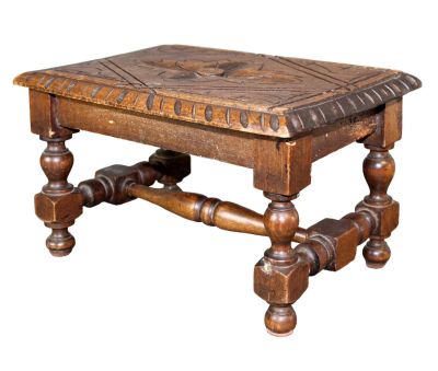 French miniature foot stool in carved oak. Early 20th century. 7"h x 11 3/4"w x 7 3/4"d