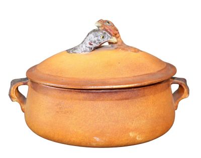 French trompe l'oeil porcelain pate tureen. French trompe l'oeil porcelain tureen with turkeys. 