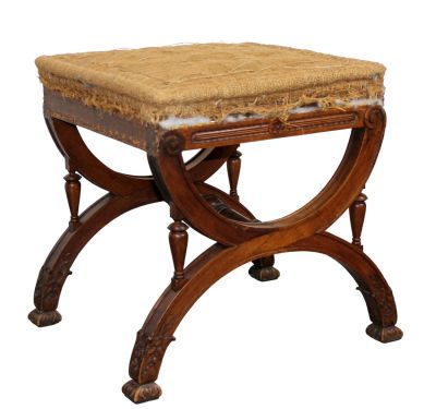 French walnut curule base foot stool - covered in burlap. Early 20th century. 19 1/2"h x 17 1/2" sq