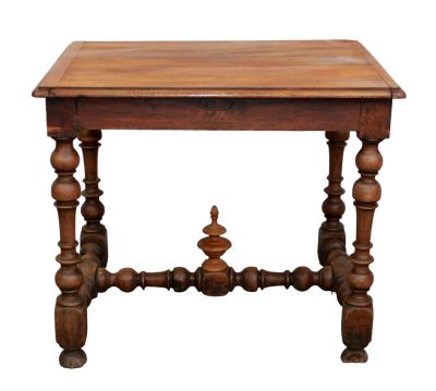 French Louis XIV style side table in walnut on turned legs. 19th century. 29 1/4"h x 33 3/4"w x 