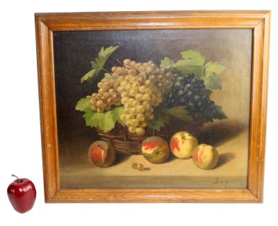 Oil on canvas painting still life with peaches and grapes. Signed l/r Dry. Early 20th century. 