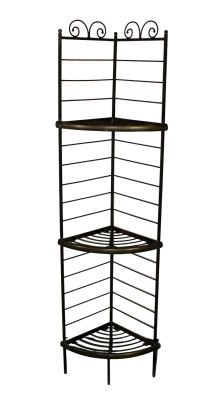 French 3 tier iron corner bakers rack with brass trim. Early 20th century. 73 1/2"h x 14"d (sides)