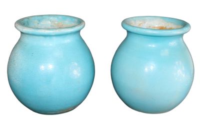 Pair of French cerulean glazed ceramic pots. Pair of French cerulean glazed ceramic planter 