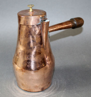 Antique French copper coffee pot with wooden handle. 19th century. 9 1/2"h x 11"w x 4 3/4" dia
