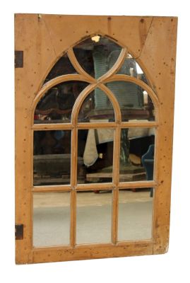 Antique French paned glass door mounted as mirror. Painted oak. Late 19th century door panel. 