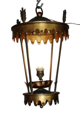 French gilt metal hanging cylinder lantern. Mid 20th century. 17 1/2"h x 12" dia