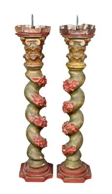 Pair of French carved barley twist candle holders with copper candle cups. Mid 20th century. 27 
