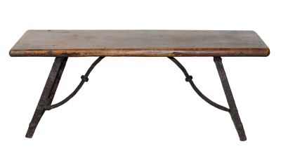 Antique Spanish coffee table with iron trestle. Mid 19th century. 13"h x 34 1/2"w x 12"w