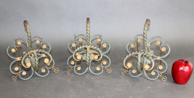 Set of 3 French verdigris iron wall hooks with gilt accents. Mid 20th century. 9 1/4"h x 7 