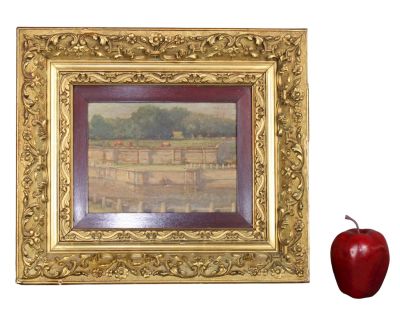 French school oil on board pastoral landscape painting. French school oil on board painting 