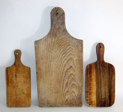 Lot of 3 French cheese boards in pine. Mid 20th century. 19 1/2"h x 9 1/4"w x 1 1/2"d- 11 3/4"h 