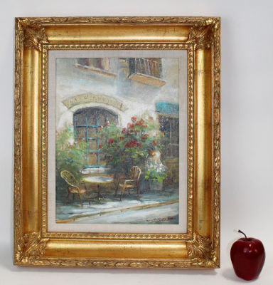 Oil on canvas painting outdoor caf&eacute; scene. Oil on canvas painting outdoor cafe scene. Signed l/r 