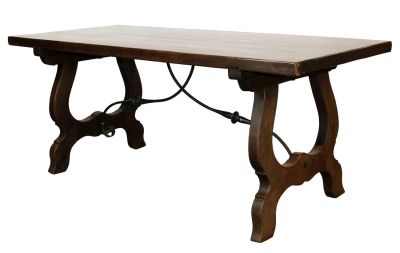 Spanish trestle base table with iron stretcher. Mid 20th century. 29 1/2"h x 71"l x 31"d