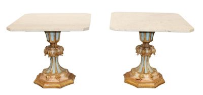 Pair of Italian Florentine polychrome side tables. Pair of Italian Florentine polychrome wood 