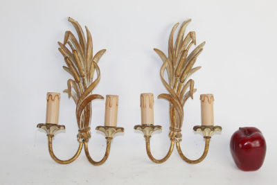Pair French polychrome wood cat tail sconces. Pair French polychrome wood cat tail 2 arm 