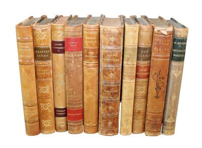 Lot of 10 misc Swedish leather bound books. 7 3/4"h x 4 7/8"w x 1"d
