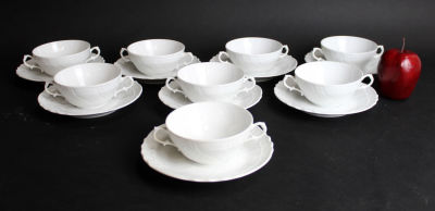 Set of 8 Italian Richard Ginori Bianco cream soup bowls and saucers. Bowl 2 1/4"h x 6 1/8" w 