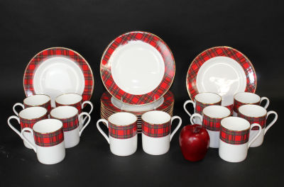 Royal Albert Works "Royal Stewart" Astbury bone china dessert service for 12. Plates measure 8 