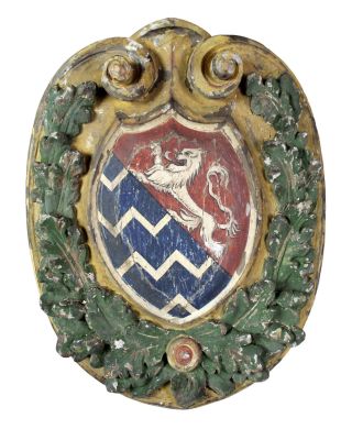 Italian wooden plaque with crest. Italian carved and painted wooden plaque with crest. Late 19th 