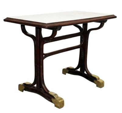 French Thonet style bistro table with marble top on bentwood base. Mid 20th century. 29 1/2"h x 