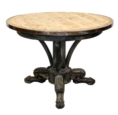 French gueridon table with planked top with stainless edge. Pedestal base has rubbed painted 