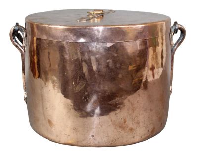 Large antique French copper stew pot. Large antique French copper fait tout stew pot with iron 