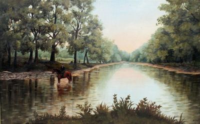 EA Spink 1893 oil on board painting landscape with river. Antique oil on board painting 