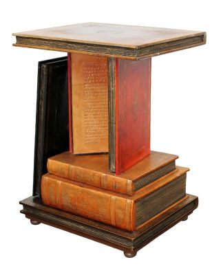 Trompe l'oeil leather faux book side table. Unmarked Maitland Smith. 25 1/4"h x 18 1/8"w x 15"d