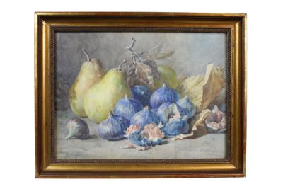 Gabriel Perrin (French XIX-XX) watercolor painting still life with figs & pears. Gabriel Perrin 