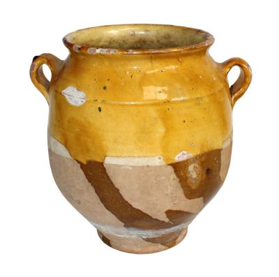 French slip glazed terra cotta confit pot. Early 20th century. 9 1/4"h x 9"w x 7 1/4" dia 