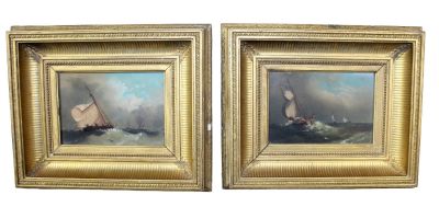 Companion pair of oil on boards of sailboats on water. Small companion pair of oil on boards 