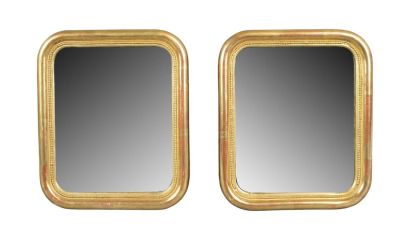 Pair miniature French Louis Philippe gold leaf mirrors. Late 19th century. 8 1/4"h x 7"w