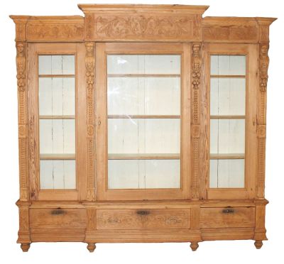 French 3 door bookcase in stripped pine with carved caryatids. Late 19th century. 91 1/4"h x 97 