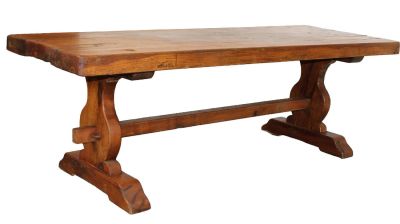 French trestle base farmhouse table in oak. Mid 20th century. 28 1/4"h x 87 1/2"l x30 3/4"w