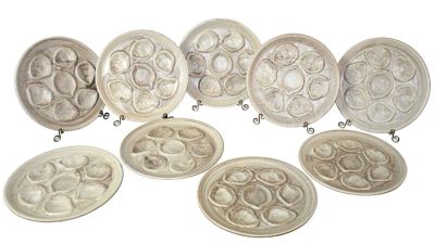 Set of 9 French stoneware oyster plates. Set of 9 vintage French stoneware oyster plates. Circa 