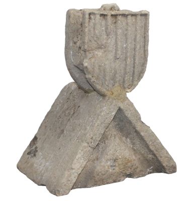 Antique French cut stone roof finial with coat of arms of the Counts of Roussillion, France. 