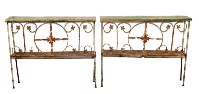 Pair of Italian rustic iron and barn wood consoles. Early 20th century. 34 1/2"h x 42 1/2"l x 8"d