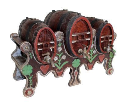French Savoie mini wine barrels on stand. French Savoie mini wine barrels on carved painted 