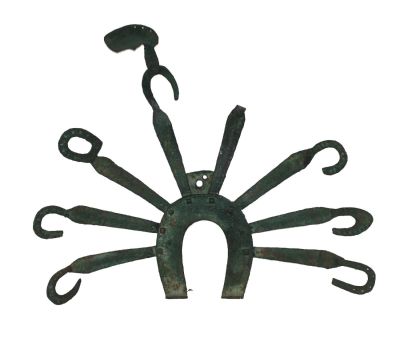 Antique French iron ferrier trade sign. 19th century. 23 1/2"h x 26 1/2"w Condition: missing 1 