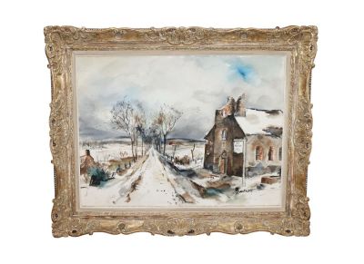 Antique Belgian watercolor on paper painting. Winter landscape of US Military Cemetary in Foy 