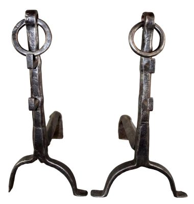 Pair of French forged iron fireplace andirons. Mid 19th century. 24" h x 10 1/2" w x 22 1/2" d