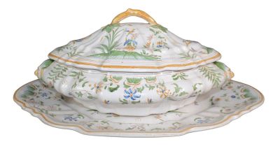 French faience soup tureen with platter with figural masks and naturalistic twig handle, marked 