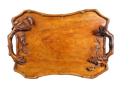 French walnut relief carved tray. French tray in walnut with naturalistic handles and relief 