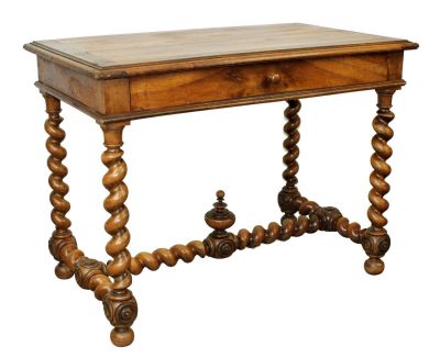 French bureauplat desk with barley twist legs in walnut. Barley twist stretcher with finial. 