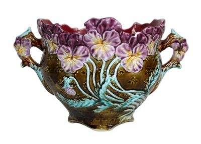 French Majolica floral cachepot with handles. Early 20th century. 8" h x 13" w x 9" diam